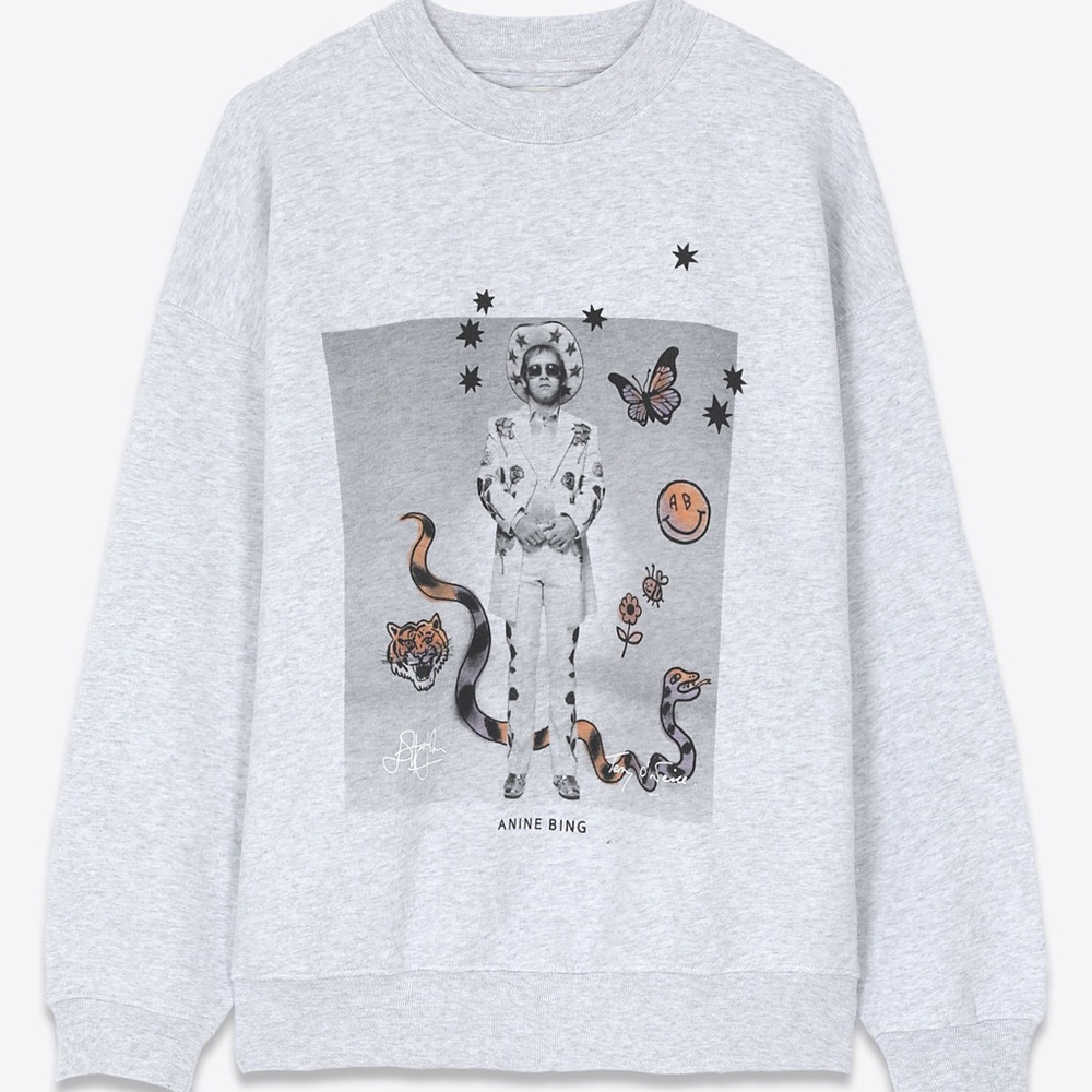 Anine Bing Light Gray Elton John Graphic Sweatshirt